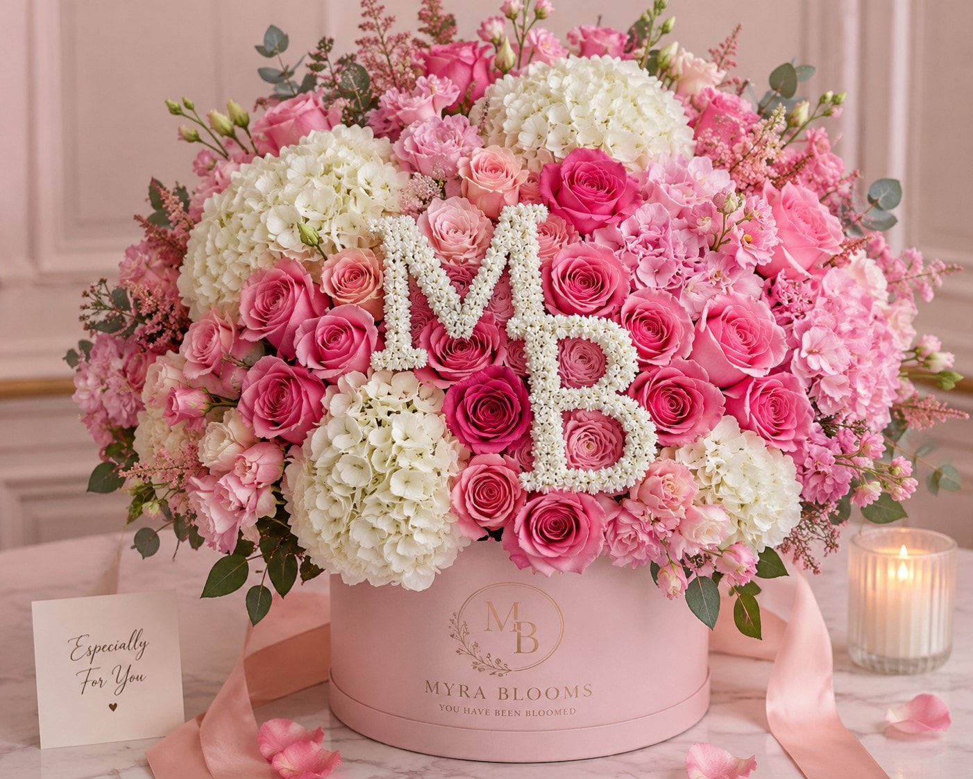 Soft pink cream garden rose bouquet close up